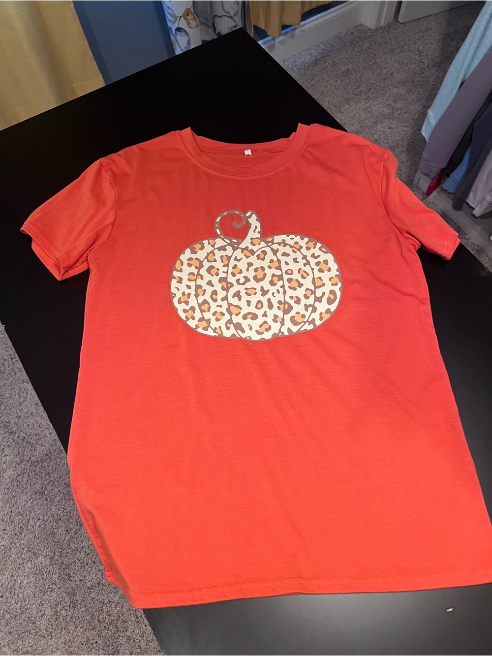 Girls' Orange Pumpkin Graphic Tee with Leopard Print